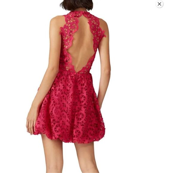 Saylor Hot Pink Lace Backless Mini Bubble Skirt Dress, M Pockets! - Picture 2 of 16